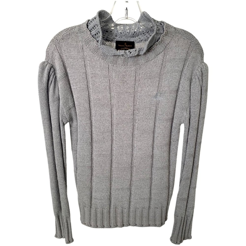 VIVIENNE WESTWOOD Women's Sweater. Size 8. Light Gray. Lovely Crochet Trim!